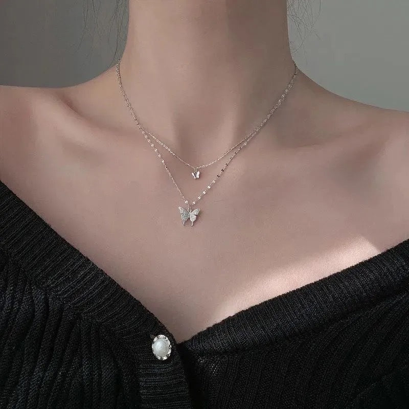 Double Layer Butterfly Pendant Necklace for Women