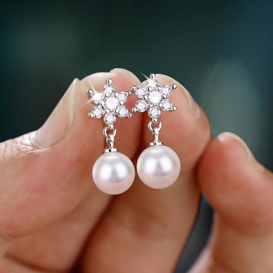 Snowflake Faux Pearl Stud Earrings for Women