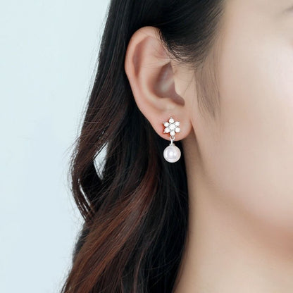 Snowflake Faux Pearl Stud Earrings for Women