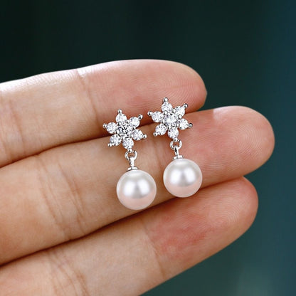Snowflake Faux Pearl Stud Earrings for Women